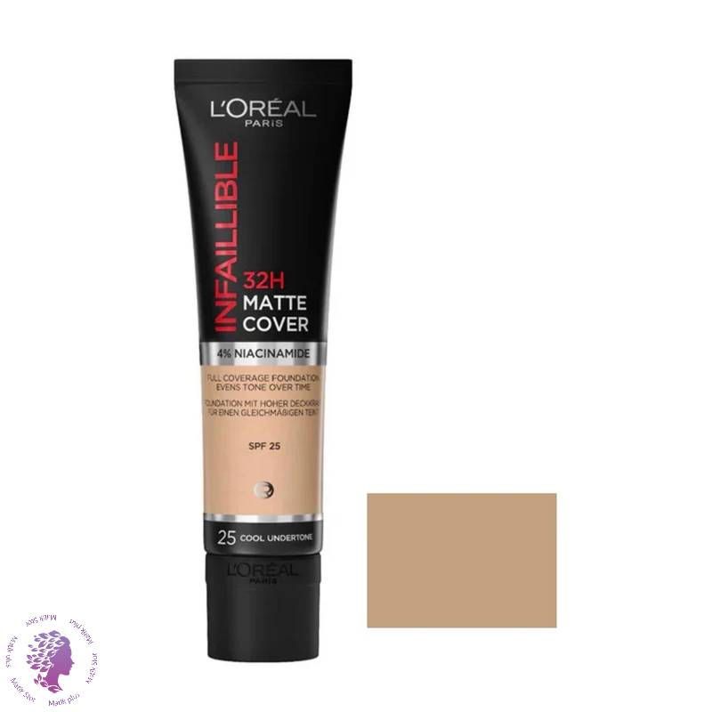 کرم پودر مایع Spf 25 لورآل مدل Matte Cover 32H شماره 25 مناسب برای انواع پوست حجم 30 میلی‌ لیتر